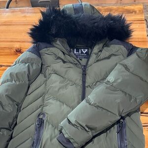 LIV Outdoor Green Puffer Jacket with Faux Fur Hood